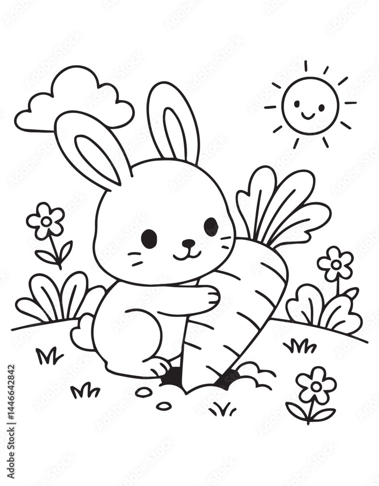 Coloring book Happy bunny hugging a big carrot Cute line art for ...