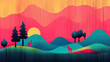 © Thanakorn - Colorful illustration of wildlife in a vibrant park with deer under a stylized sunset, showcasing nature's beauty with generous copy space in the center view.