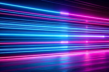 Wall Mural - abstract neon lines on wooden floor pink and blue glow background