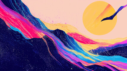 Wall Mural - a tranquil illustration of colorful mountains blending into a peaceful sky with a bird flying near t