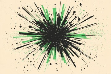 Aufkleber - Abstract Explosion with Black and Green Rays on Beige Background Featuring a Starburst Effect and Dynamic Energy