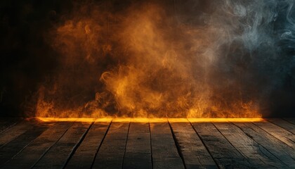 Poster - Abstract Fiery Orange Smoke on Dark Wooden Floor Creating a Dramatic Background with Flames and Heat for Stage or Product Display
