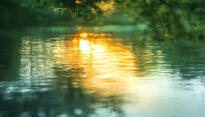 Poster - Abstract Golden Light Reflections on Water Surface at Sunset with Ripples and Reflections of Trees in Green and Aqua Hues