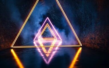 Wall Mural - Neon-lit triangular shapes reflecting in a dark, misty tunnel, creating a vibrant atmosphere
