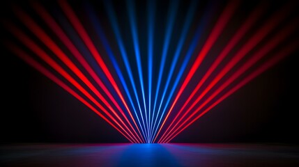 Wall Mural - the image shows multiple red and blue laser beams converging at a central point on a dark floor.