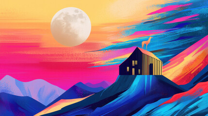 Wall Mural - beautiful wolf illustration with copy space featu a solitary house perched atop a vibrant hill under