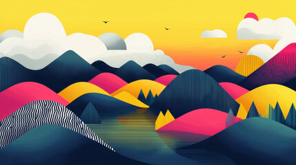 Wall Mural - animal observations are implied in this colorful nature illustration showcasing a serene landscape w