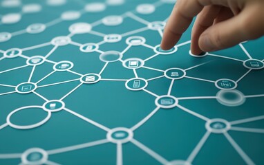 hand interacting with a digital network of connected applications. detailed network of icons, repres