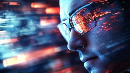 Cityscape reflection in glasses, pensive man, night, futuristic background, tech concept