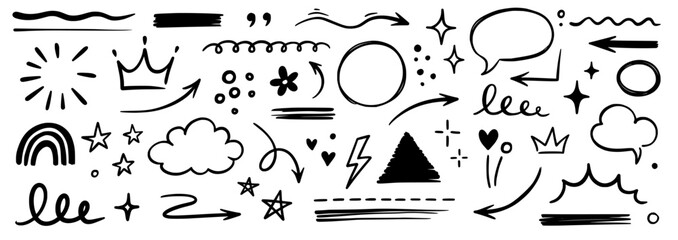 Aufkleber - Line hand drawn brush marker underline, highlight, star element set. Hand drawn sketch marker underline shape, arrow, star scribble brush pen stroke icon highlight element. Vector illustration.