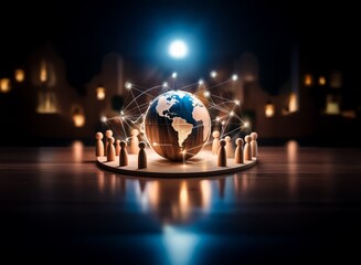 Poster - A glowing Earth model, encircled by wooden figures, symbolizes global connection and network.  Lines of light illustrate interconnectedness.  The scene is dark, emphasizing the global reach.