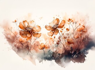 Aufkleber - A watercolor painting of orange flowers in a soft, abstract style.  The muted tones and subtle splashes create a calm, serene mood.  Delicate details and loose brushstrokes are prominent.