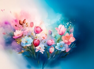 Aufkleber - A vibrant watercolor bouquet of tulips, peonies, and other spring blossoms, set against a dreamy pastel and blue background.  The flowers are depicted with soft, painterly strokes.