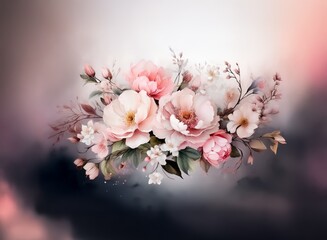 Aufkleber - A delicate watercolor-style bouquet of blush pink and white flowers, with soft green leaves, rests on a blurred, dark background.  The overall effect is romantic and dreamy.