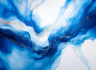 Aufkleber - Abstract fluid art painting.  Swirling blues and gold create a dynamic, ethereal underwater scene.  The subtle gold lines add elegance and depth to the piece.