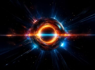 Fototapete - A luminous sphere, metallic and ringed, pulses with vibrant orange and blue energy against a dark, cosmic backdrop.  Streaks of light radiate outwards, creating a dynamic, otherworldly scene.