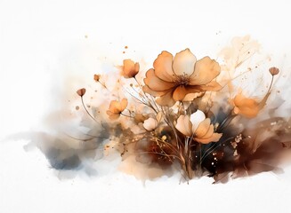 Aufkleber - A watercolor painting of delicate, orange flowers blooming amidst a soft, brown and gray wash. The artistic style is loose and expressive, creating a dreamy atmosphere.