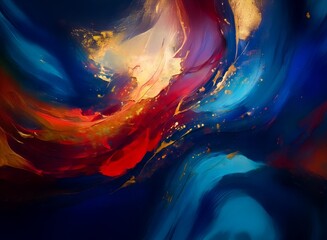 Aufkleber - Dynamic abstract artwork showcasing swirling, vibrant hues of blue, red, and gold.  The colors blend and contrast, creating a sense of movement and energy.  Gold flecks add texture and luminosity.