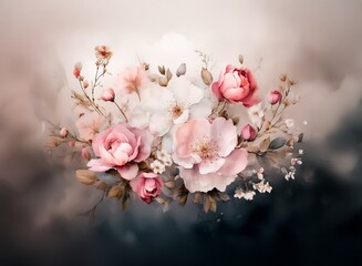 Fototapete - A dreamy watercolor painting of a bouquet of pink and white roses and other blossoms, set against a soft, hazy background.  The colors are muted and romantic.