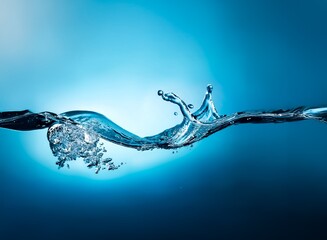 Leinwandbilder - A dynamic wave of clear water, with splashes and bubbles, flows against a vibrant blue background.  The image evokes a sense of fluidity and purity.