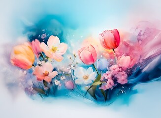 Fototapete - A vibrant watercolor painting depicting a bouquet of tulips and other spring blossoms, set against a dreamy, swirling blue and pink background.  The soft colors and flowing forms create a feeling of s
