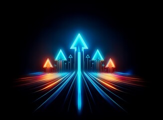 Poster - Glowing neon arrows ascend a dynamic, light-streaked path, symbolizing progress and upward trajectory.  The vibrant colors create a sense of energy and movement.