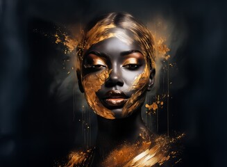 Fototapete - A captivating portrait of a woman, her dark skin adorned with gold paint splatters and streaks. The dramatic lighting and artistic use of gold create a powerful, elegant image.
