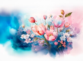 Poster - A vibrant watercolor painting depicting a bouquet of pink and orange tulips, interspersed with delicate white blossoms, set against a dynamic blue and pink watercolor wash.