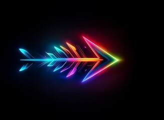Fototapete - A vibrant, neon arrow shaped like a fish skeleton, glows brightly against a stark black background.  Its rainbow hues create a dynamic, futuristic feel.