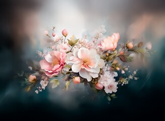 Poster - A dreamy, painterly depiction of blush pink and white blossoms arranged in a lush bouquet against a dark, moody background.  Soft lighting enhances the delicate petals and leaves.