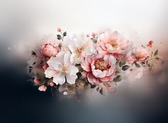 Poster - A delicate arrangement of blush pink and white peonies and blossoms, artfully painted with soft, blurred background.  The image evokes a romantic, dreamy mood.