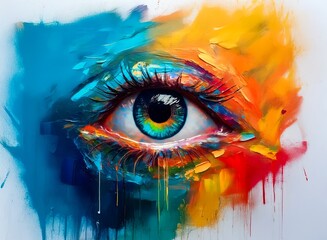 Aufkleber - A vibrant, abstract painting of a human eye, awash in teal, orange, and yellow hues.  Dripping paint adds a dynamic, expressive quality.