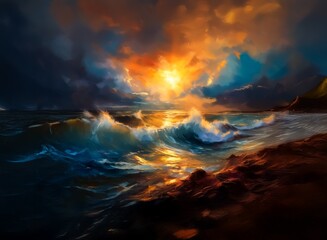 Fototapete - Dramatic ocean sunset scene with vibrant colors, crashing waves, and dark clouds.  The sun breaks through the stormy sky, illuminating the water.