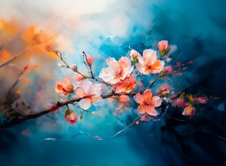 Aufkleber - A vibrant oil painting depicts a blossoming branch with delicate pink and white flowers against a moody teal and orange background.  The style is impressionistic, emphasizing texture and color.