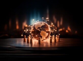 Aufkleber - Glowing Earth encircled by wooden figures, representing global connection and communication network, set against a dark, fiery background.