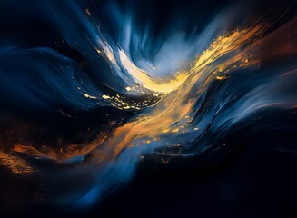 Poster - Swirling, abstract artwork in deep blues and golds evokes a cosmic, ethereal feeling.  The vibrant colors blend seamlessly, creating a sense of depth and movement.