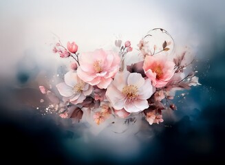 Aufkleber - A delicate watercolor painting of pink and white blossoms, arranged in a lush bouquet. Soft, muted tones and a blurred background create a dreamy, romantic atmosphere.