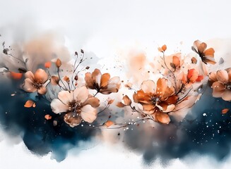 Aufkleber - Delicate watercolor painting of peach and orange blossoms arranged horizontally against a dark teal and beige wash background.  The style is soft and romantic.