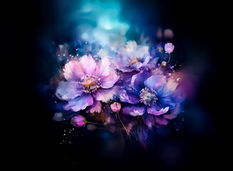 Aufkleber - A dreamy watercolor painting of purple and pink flowers on a dark background.  The vibrant blooms are surrounded by a soft, ethereal glow.