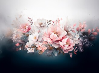 Aufkleber - A dreamy watercolor painting of blush pink and white peonies and other blossoms, set against a smoky, dark teal background.  The flowers are depicted with soft, painterly brushstrokes, creating a roma
