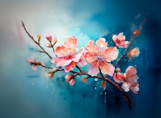 Fototapete - A delicate branch of peach blossoms, painted in soft watercolor hues against a moody blue backdrop.  The artwork evokes a sense of serenity and spring.