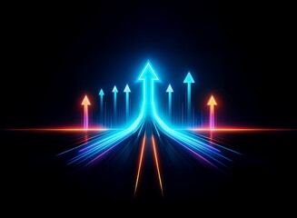 Aufkleber - Glowing neon arrows ascend, converging into a vibrant upward trajectory, symbolizing growth and progress on a dark background.  The converging light trails suggest a path to success.