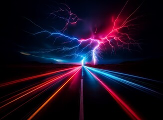 Poster - A vibrant, nighttime scene features a highway with light trails converging towards a dramatic display of red and blue lightning.  The contrasting colors create a powerful and dynamic image.