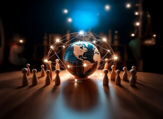 Poster - A glowing globe encircled by interconnected nodes, surrounded by wooden figures on a dark wooden surface, symbolizes global networking and connection.