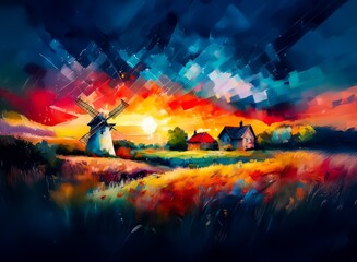 Aufkleber - Vibrant sunset over a picturesque countryside scene. A windmill stands tall amidst colorful fields and charming houses, creating a dreamy, impressionistic landscape.