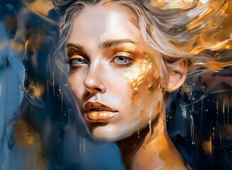 Poster - A captivating portrait of a woman, her face adorned with gold leaf, set against a dark blue, gold-splashed background.  Her expression is serene yet powerful.