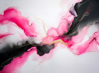 Aufkleber - Fluid acrylic pouring art.  Swirling pink, black, and gold inks create an abstract, dynamic composition on a white background.  The colors blend and contrast beautifully.