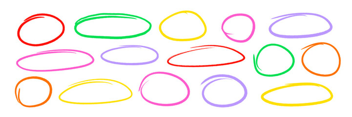 Aufkleber - Color pencil circle scribble frame set. Handwritten color brush marker, crayon pencil scribble stroke line doodle childish oval frame. Grunge brush ellipse frame round highlight. Vector illustration