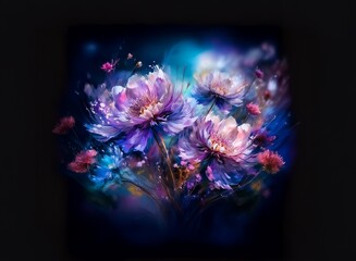 Poster - Luminous purple and pink peonies bloom in a dark, dreamlike garden.  Soft light enhances their ethereal beauty.