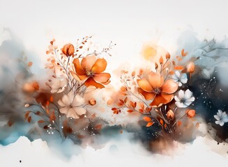 Poster - A watercolor painting of orange and white flowers blooming against a muted blue and brown background, reminiscent of a sunset.  The style is soft and ethereal.